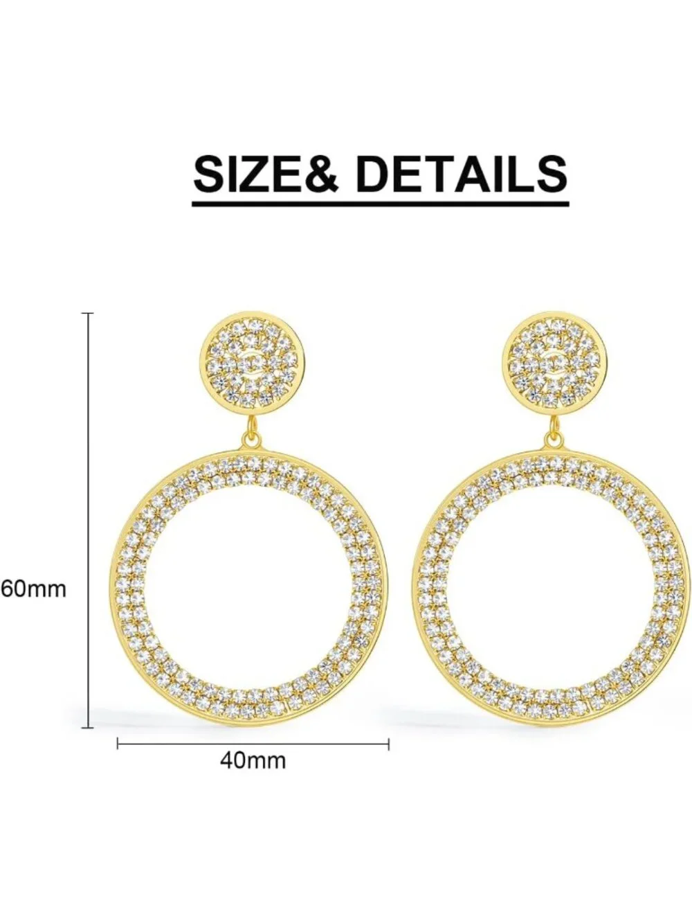 Gorgeous Gold Plated Circle Drop Earrings with Pavé Crystal Rhinestones, 60mm
